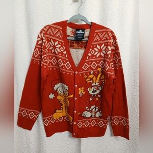 Festive Red Cardigan with Garfield Cartoon Characters
